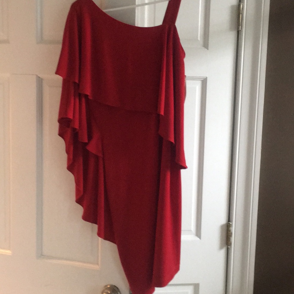 One shoulder layered sleeve  red dress. Size4